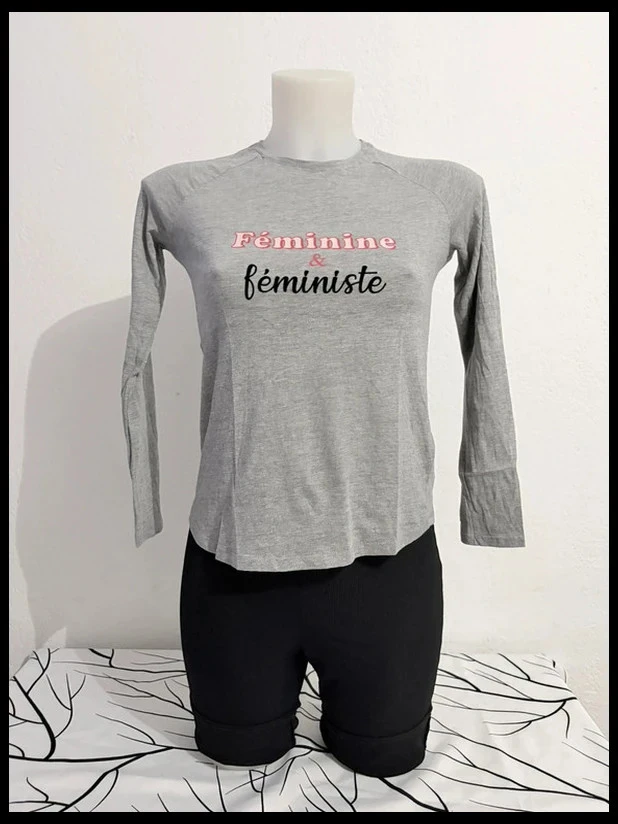 T-shirt Manches Longues Gris Chiné Etam "Féminine & Féministe" - Taille XS